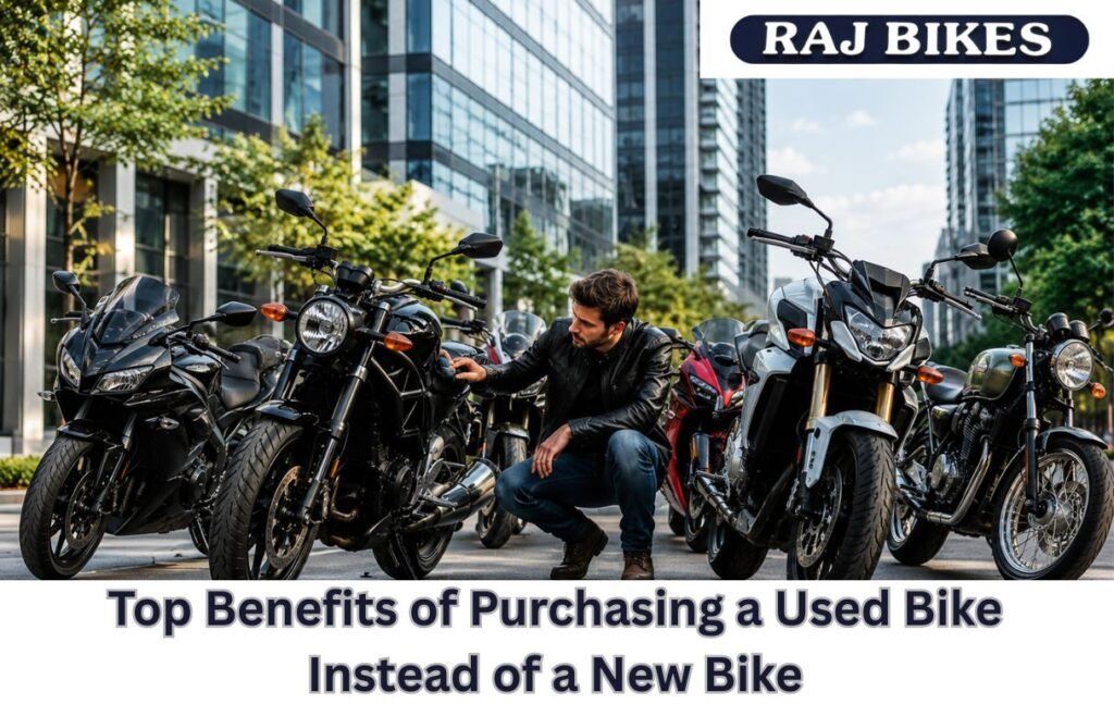 A man inspecting a lineup of motorcycles parked on a city street, comparing multiple bike options in a modern urban setting.