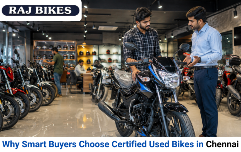 Customer inspecting a certified used bike at a modern motorcycle showroom in Chennai with multiple second hand bikes on display.