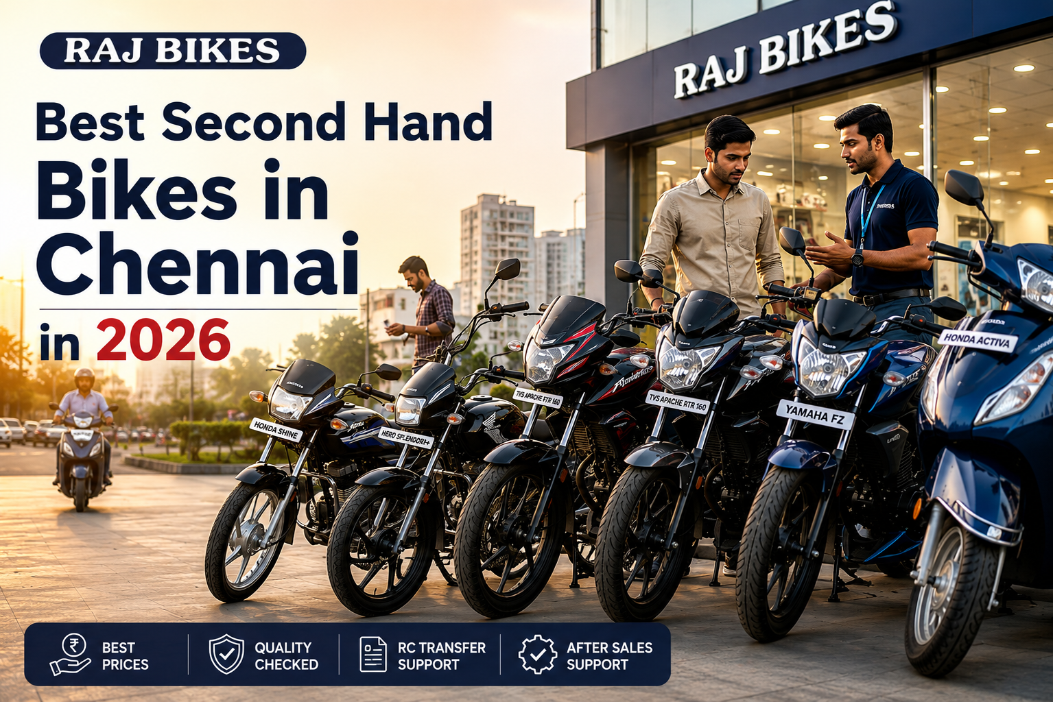 Modern Raj Bikes showroom in Chennai featuring second hand bikes including Honda Shine, Hero Splendor, TVS Apache RTR 160, Yamaha FZ, and Honda Activa with the title “Best Second Hand Bikes in Chennai in 2026” displayed in a premium dealership setting.
