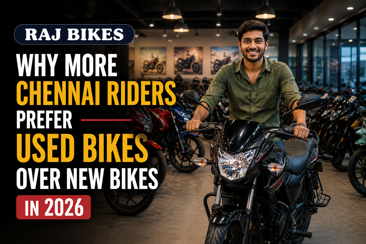 Young rider sitting on a black commuter bike inside a modern second hand bike showroom in Chennai with multiple pre-owned bikes displayed in the background and Raj Bikes branding visible.