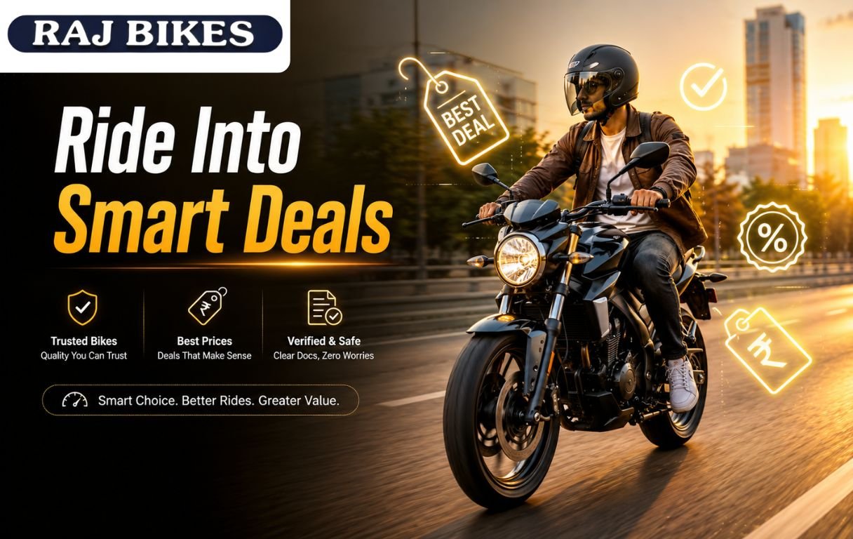 Man riding a modern motorcycle in a city during sunset with “Ride Into Smart Deals” text, representing affordable and reliable bike deals with best price and verified quality.