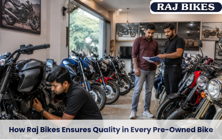 Professional motorcycle showroom in Chennai featuring multiple polished pre-owned bikes, a mechanic inspecting a motorcycle, and customers reviewing documents with the title “How Raj Bikes Ensures Quality in Every Pre-Owned Bike” displayed prominently.