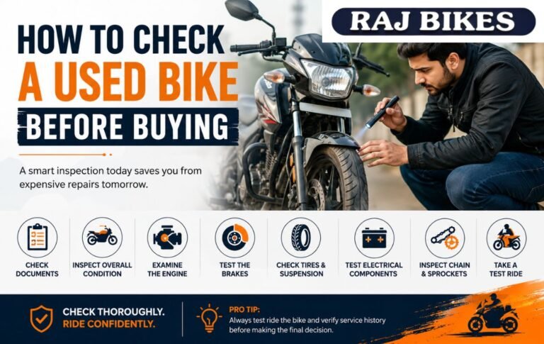 Person inspecting a used motorcycle before purchase with a checklist of important bike inspection points.