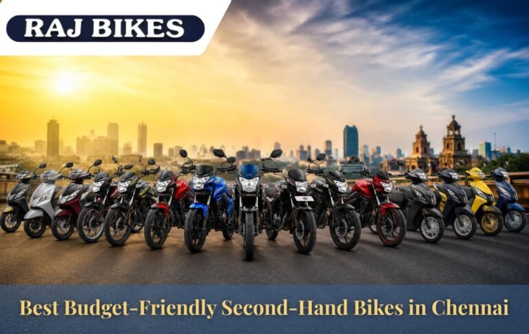 A lineup of budget-friendly second-hand motorcycles and a scooter displayed on a city road with the Chennai skyline at sunrise.