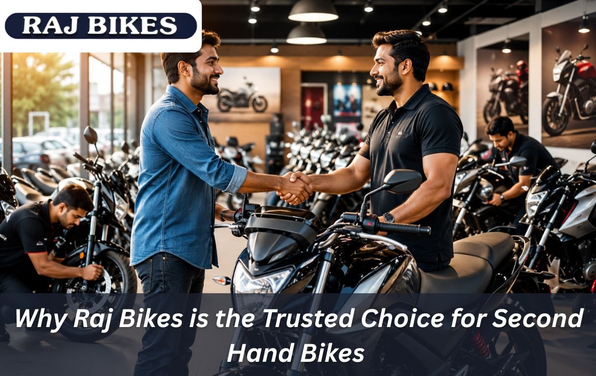Customer purchasing a quality inspected second-hand motorcycle from Raj Bikes showroom with professional staff assistance and multiple pre-owned bikes on display.