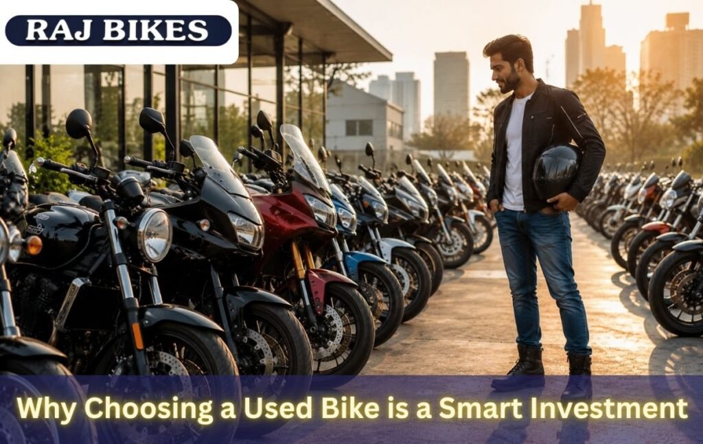 A young buyer holding a helmet inspects a large lineup of well-maintained used motorcycles at a modern dealership during golden hour, showcasing affordability, reliability, and multiple bike options.