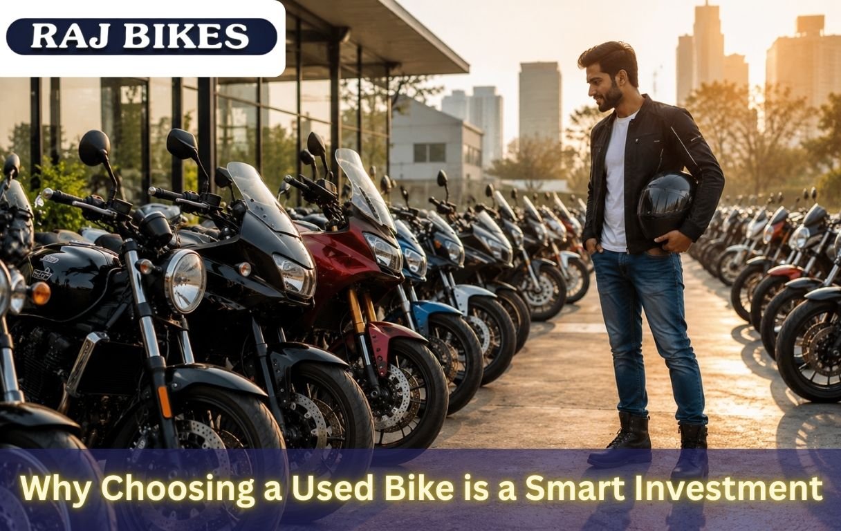 A young buyer holding a helmet inspects a large lineup of well-maintained used motorcycles at a modern dealership during golden hour, showcasing affordability, reliability, and multiple bike options.