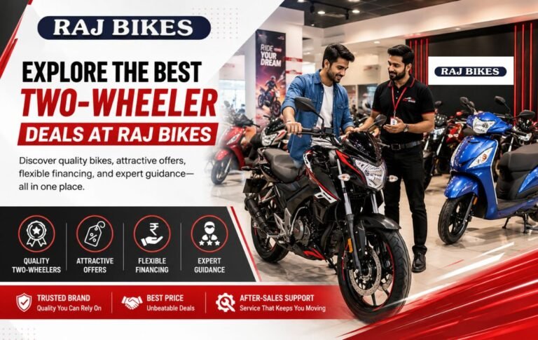 Customer exploring a premium motorcycle in a modern showroom with multiple bikes and scooters on display.