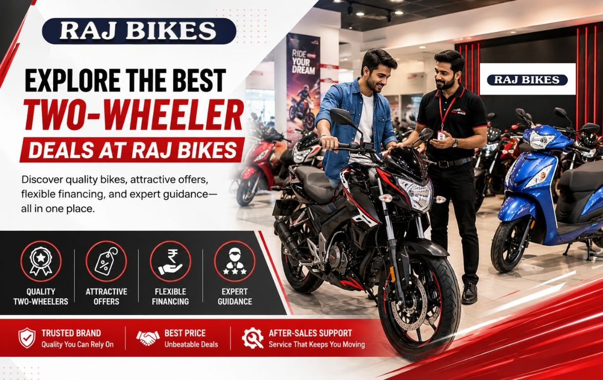 Customer exploring a premium motorcycle in a modern showroom with multiple bikes and scooters on display.