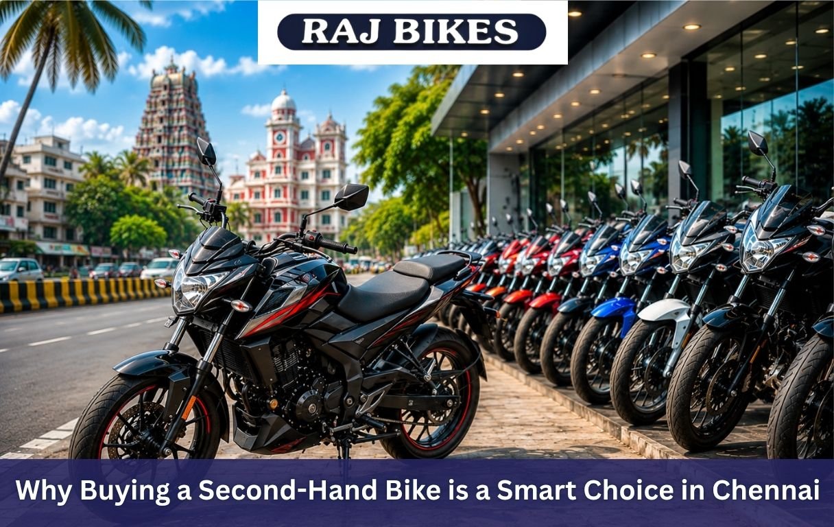 A row of well-maintained used motorcycles displayed outside a modern bike showroom in Chennai, with a black sport bike in the foreground and multiple bikes lined up under bright daylight.