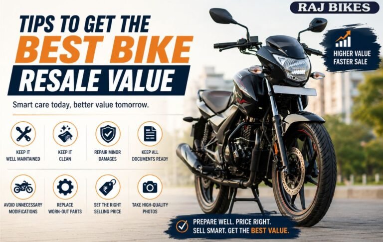 Tips to get the best bike resale value with a well-maintained motorcycle and key resale tips infographic.