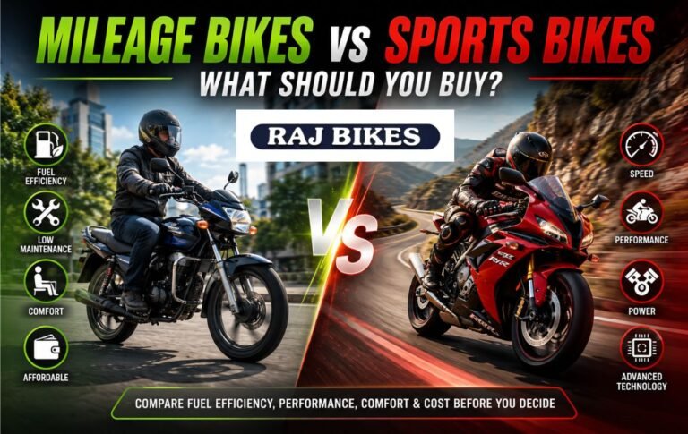 Mileage bike and sports bike side-by-side comparison showing fuel efficiency versus performance.