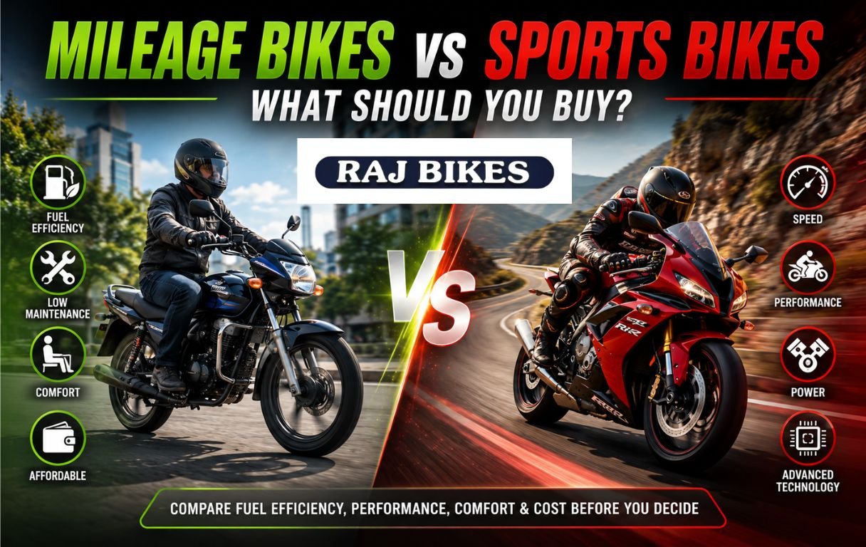 Mileage bike and sports bike side-by-side comparison showing fuel efficiency versus performance.