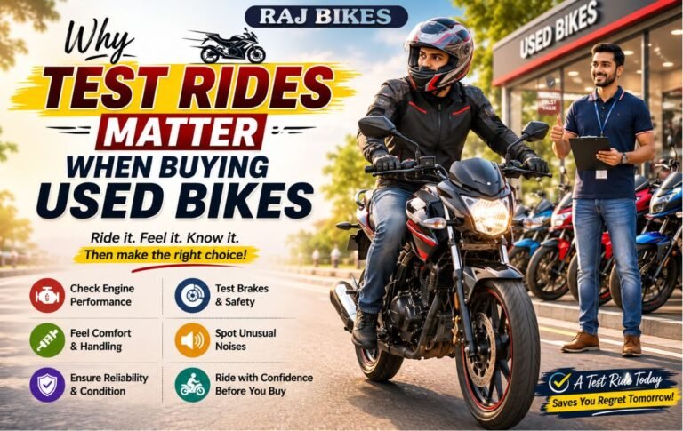 Rider taking a test ride on a used motorcycle at a bike showroom before purchase.