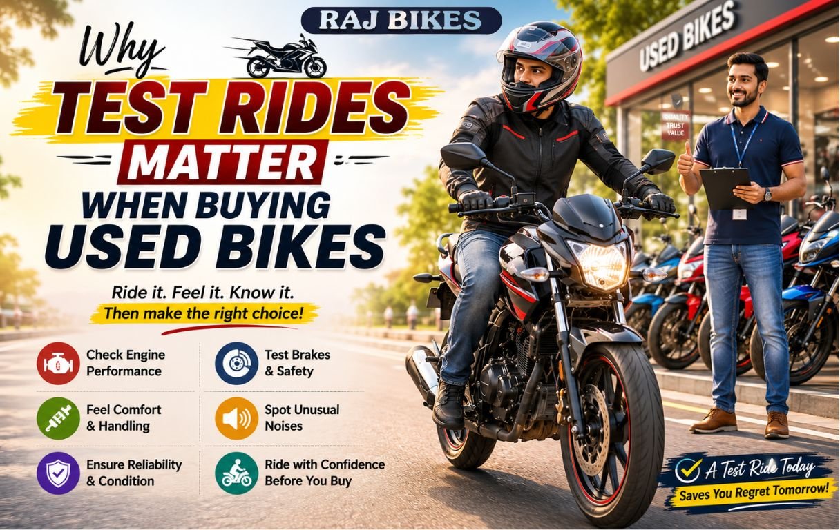 Rider taking a test ride on a used motorcycle at a bike showroom before purchase.