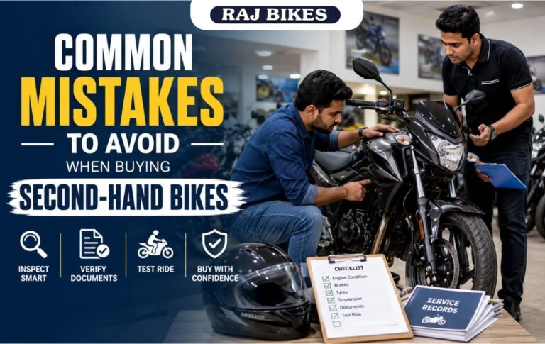Customer inspecting a second-hand bike before purchase in a showroom.
