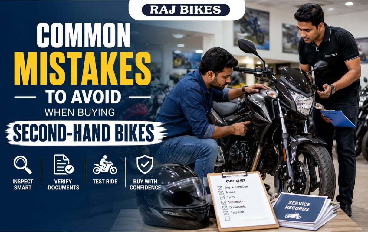 Customer inspecting a second-hand bike before purchase in a showroom.